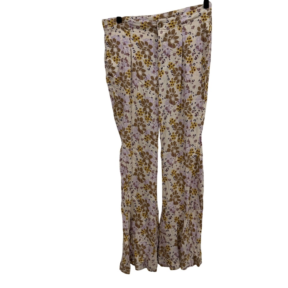 Free People Floral Wide Leg‎ High Rise Pants Cream Lavender Yellow Small